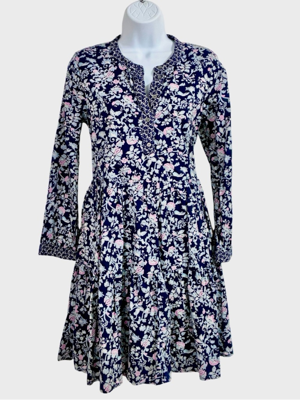 J. Crew Navy Floral Long-Sleeve Tiered Dress with Pink floral Accents Sz.XS